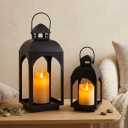 JHY DESIGN 2-Pack Vintage Metal Decorative Lanterns 18"/11.5" H Hanging Candle Lanterns with LED Pillar Candles for Garden Living Room Indoor Outdoor Parties Weddings Balcony(Black)