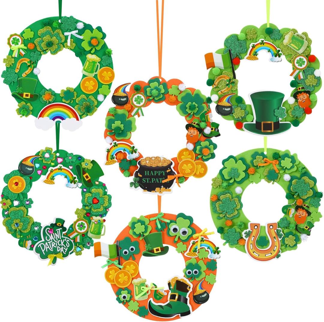 12 Sets St. Patrick's Day Foam Wreath Craft Kit, St. Patrick's Crafts Kits DIY Shamrock Foam Stickers Hanging Door Home Classroom Activities Decor Arts Crafts (Multicolor)