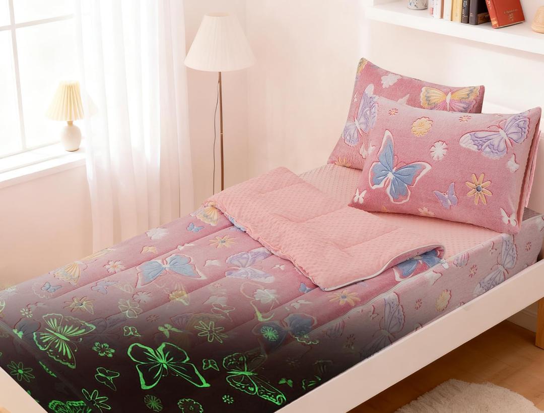 A Nice Night Colorful Butterfy Plush Zippered Comforter Set,Zipper Bedding Glow in The Dark for Child, Twin (Pink)