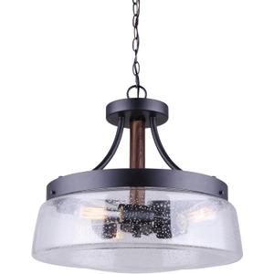 Canarm Riva 3-Light Dual-Mount Chandelier, Black and Wood Finish with Seeded Glass Shades, Rustic Lighting for Dining Room, Kitchen or Living Room