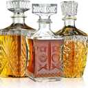 Whiskey Decanter Set for Men of 3PCS Liquor Bottles, Whiskey Bottles for Bourbon, Tequila, Brandy and Vodka, Elegant Crafted Glass Wine Decanter with 3 Unique Styles with Intricate Patterns