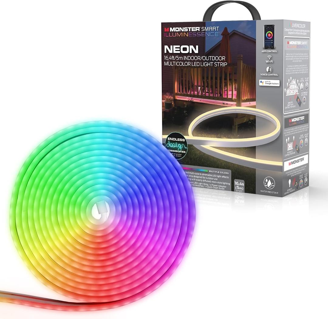 Monster 16.4ft Smart Indoor and Outdoor Multi-Color Neon LED Light Strip, Water-Resistant, Mobile App Control