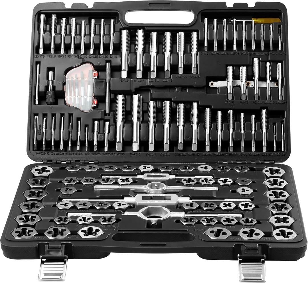 Tap and Die Set, 116-Piece Include Metric and SAE Size, Bearing Steel Taps and Dies, Essential Threading Tool for Cutting External Internal Threads, with Complete Accessories and Storage Case