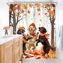AMBZEK Fall Dog Shower Curtain 60Wx72L Inch Autumn Maple Trees Leaves Pumpkin Cartoon Lovely Puppy Funny Pets Lovers Artwork Cloth Fabric Waterproof Polyester Bathroom Decor Set with 12 Pack Hooks