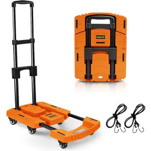 Voipvvii Folding Hand Truck500lbs, Portable Heavy Duty Dolly Cart, 6 Wheels Collapsible Luggage Cart with 2 Elastic Ropes - Compact Trolley Cart for Easy Moving - Ideal Hand Cart for Travel and More (17, Orange)