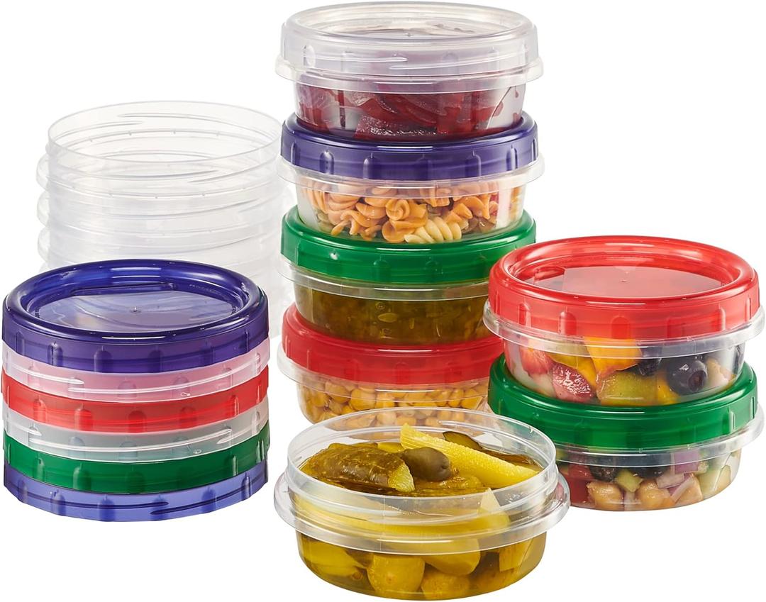 8 ounce Plastic Food Storage Containers with colored Twist Top Lids Reusable Leak Proof Deli Containers for Freezer Storage Meal Prep (12)