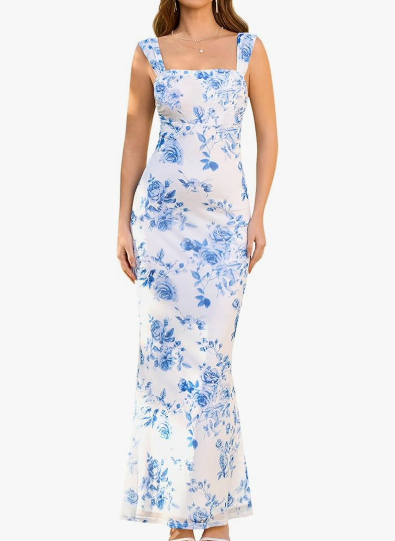 EYNMIN Women's Summer Floral Maxi Dress Square Neck Sleeveless Mesh Bodycon Long Wedding Guest Dresses M