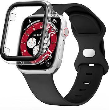 DABAOZA Compatible for Sport Apple Watch Band 41mm 40mm 38mm 42mm 46mm 45mm 44mm 49mm with Bumper Case, Women Men Soft Silicone Strap for iWatch Series 10 9 8 7 6 / SE 5 4 3 2 1 Ultra (Blue green+Silver)