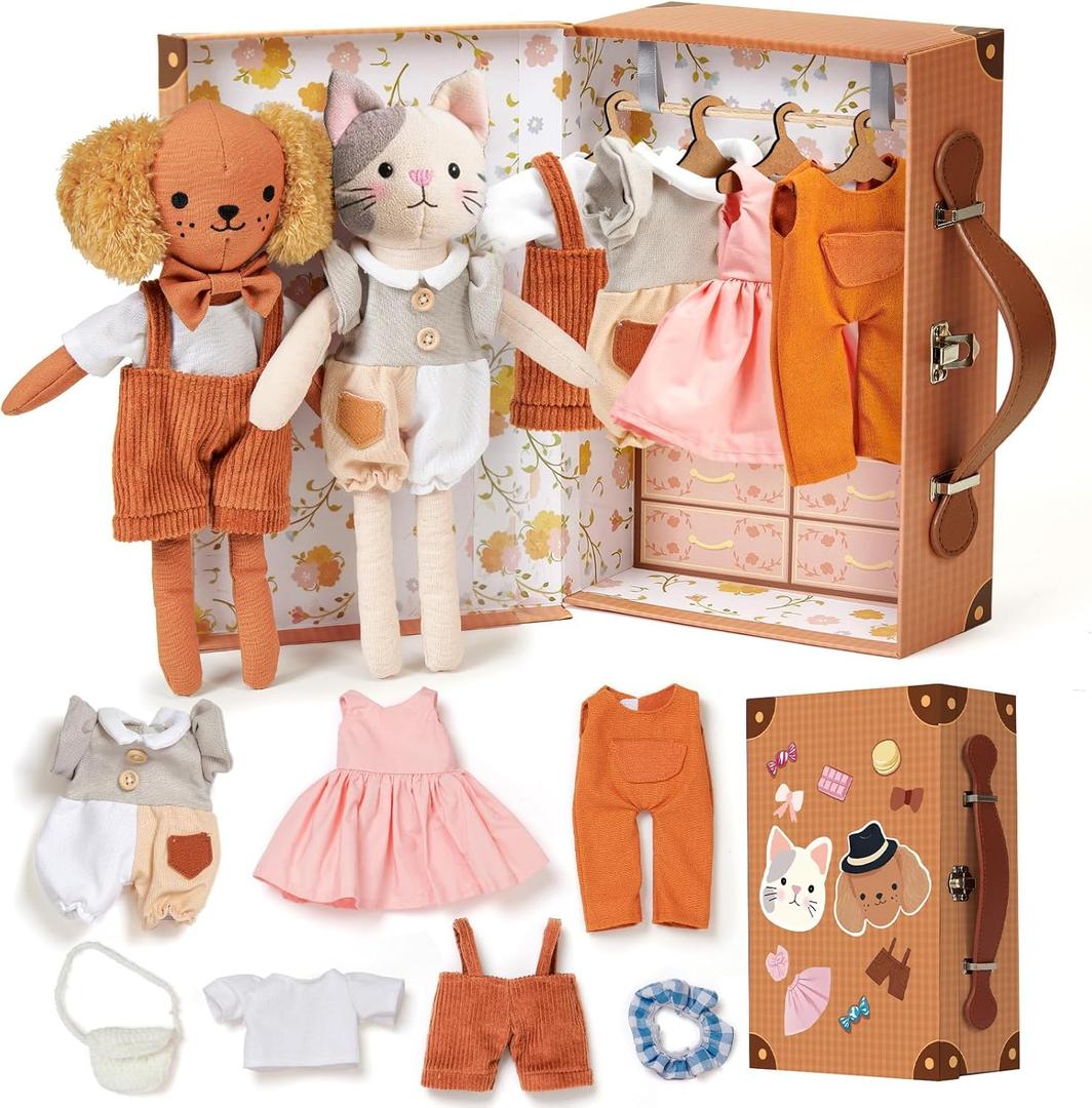 Golray Portable Dress Up Plush Doll Set with Storage Case, Cat & Dog Stuffed Animal Toys, Doll Clothes with Wooden Hangers & Suitcase Wardrobe Travel-Ready Toy Organizer, Gifts for Girls Ages 3+