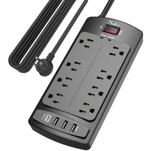 Surge Protector Power Strip - Nuetsa Flat Plug Extension Cord with 8 Outlets and 4 USB Ports, 15 Feet Power Cord (1625W/13A), 2700 Joules, ETL Listed, Black