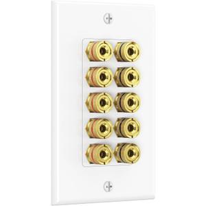 Cable Matters Speaker Wire Wall Plate, Gold Plated Speaker Wall Plate with Banana Plug Binding Post for 5 Speakers, White