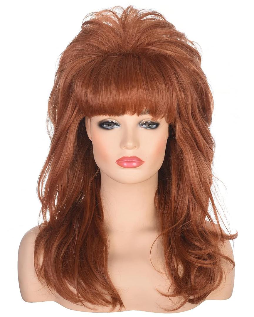 AMZCOS 80s Women Beehive Wig Long Wavy Ginger Bouffant Synthetic Hair Wigs for Married Housewife Big Red Vintage Costume Cosplay Halloween Party (Auburn)