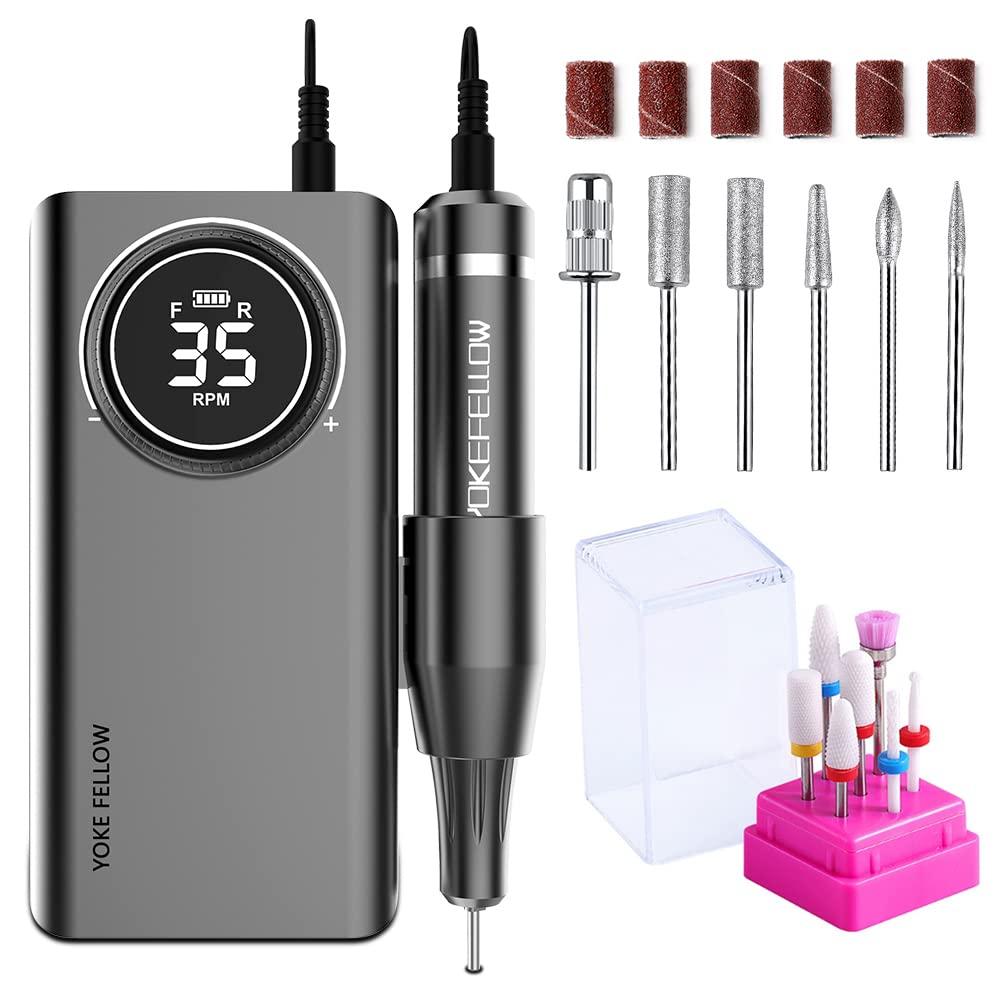 YOKE FELLOW Rechargeable Nail Drill - 35000 RPM Nail Machine with 12 Bits for Manicure Pedicure Salon Home Use