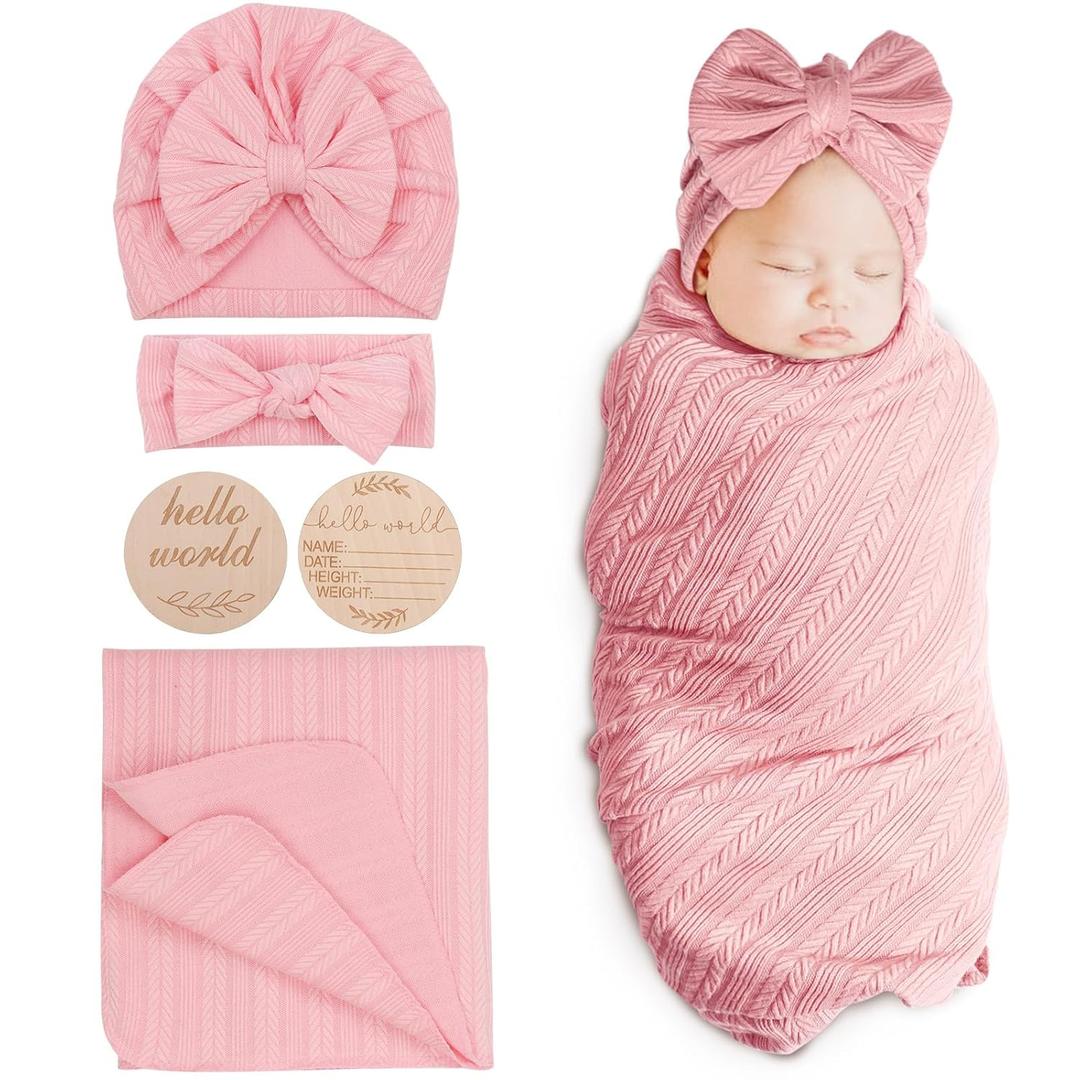DRESHOW BQUBO Baby Swaddle Blankets for Girls, 4PCS Newborn Accessories Set with Hat and Bow Headband with Hello World Wooden Birth Announcement Card, Baby Blankets for Girls (Pink)