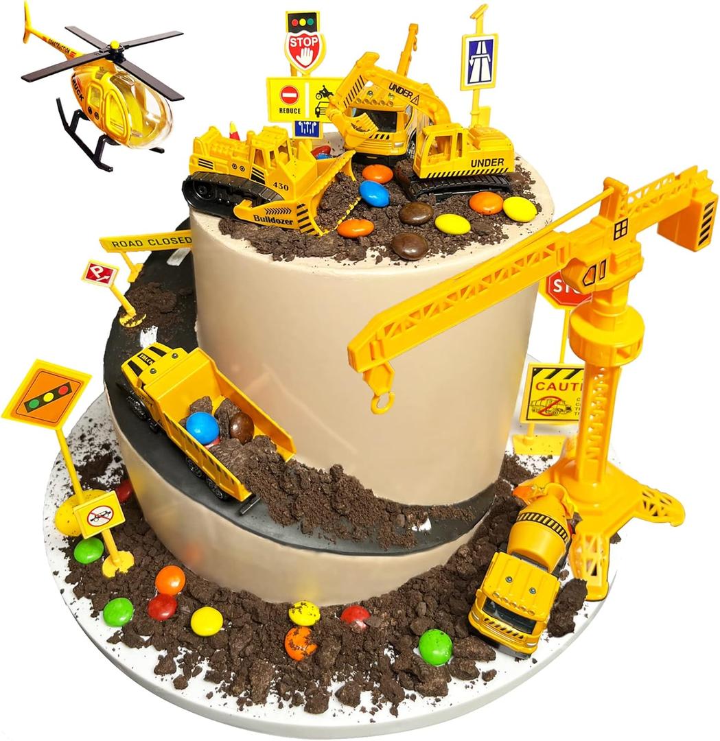 21-pieces mini construction vehicles Cake Decoration Tower Crane Set truck cake toppers construction birthday party supplies 6 PCS Construction Trucks Toys 14 Pieces Road Sign decorations