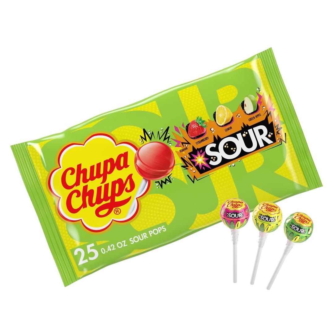 Chupa Chups SOUR Lollipops, Variety Pack, Lemon, Strawbery & Apple Flavored, Individually Wrapped Bulk Sour Candy Suckers for Adults & Kids, Bag of 25, 06/2026