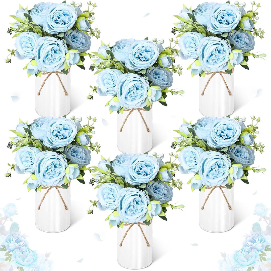 Domensi 6 Sets Wedding Floral Centerpiece for Table Decor, Artificial Peonies Silk Flowers Bouquet with Flower Foam and Metal Vase Faux Floral Arrangement for Bridal Shower Tea Party (Light Blue)