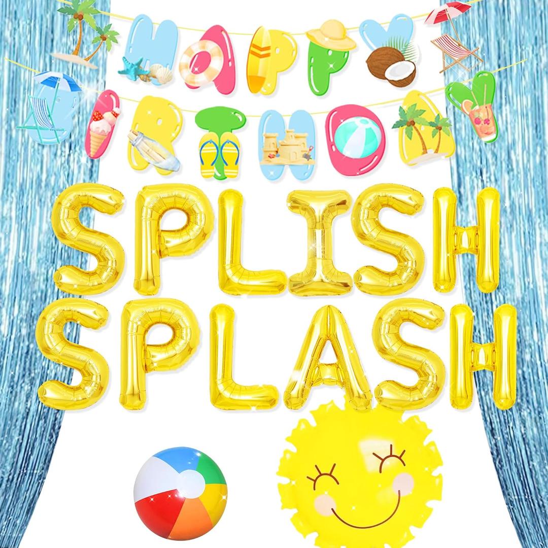 JeVenis Splish Splash Birthday Decorations Balloons Pool Birthday Party Banner Summer Pool Party for Boys Summer Beach Party Hawaiian Luau Tropical Party Decorations (Golden)