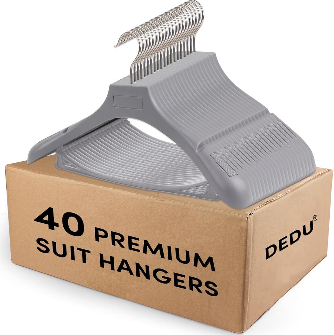 DEDU Suit Hangers for Men 40 Pack, Grey Coat Hangers Extra Wide Non Slip Width 17.7", Thick Plastic with Pants Bar & Metal Hook (Gray)