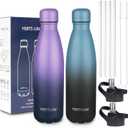 Insulated Water Bottle, 2 Pack-17oz Stainless Steel Water Bottles with straw lid, Metal Sports Water Bottles for Boys,Girls, Double Wall Vacuum BPA-Free Flask for School, Sports(Purple-SeaIndigo (Purple Navy Blue-SeaIndigo Black)