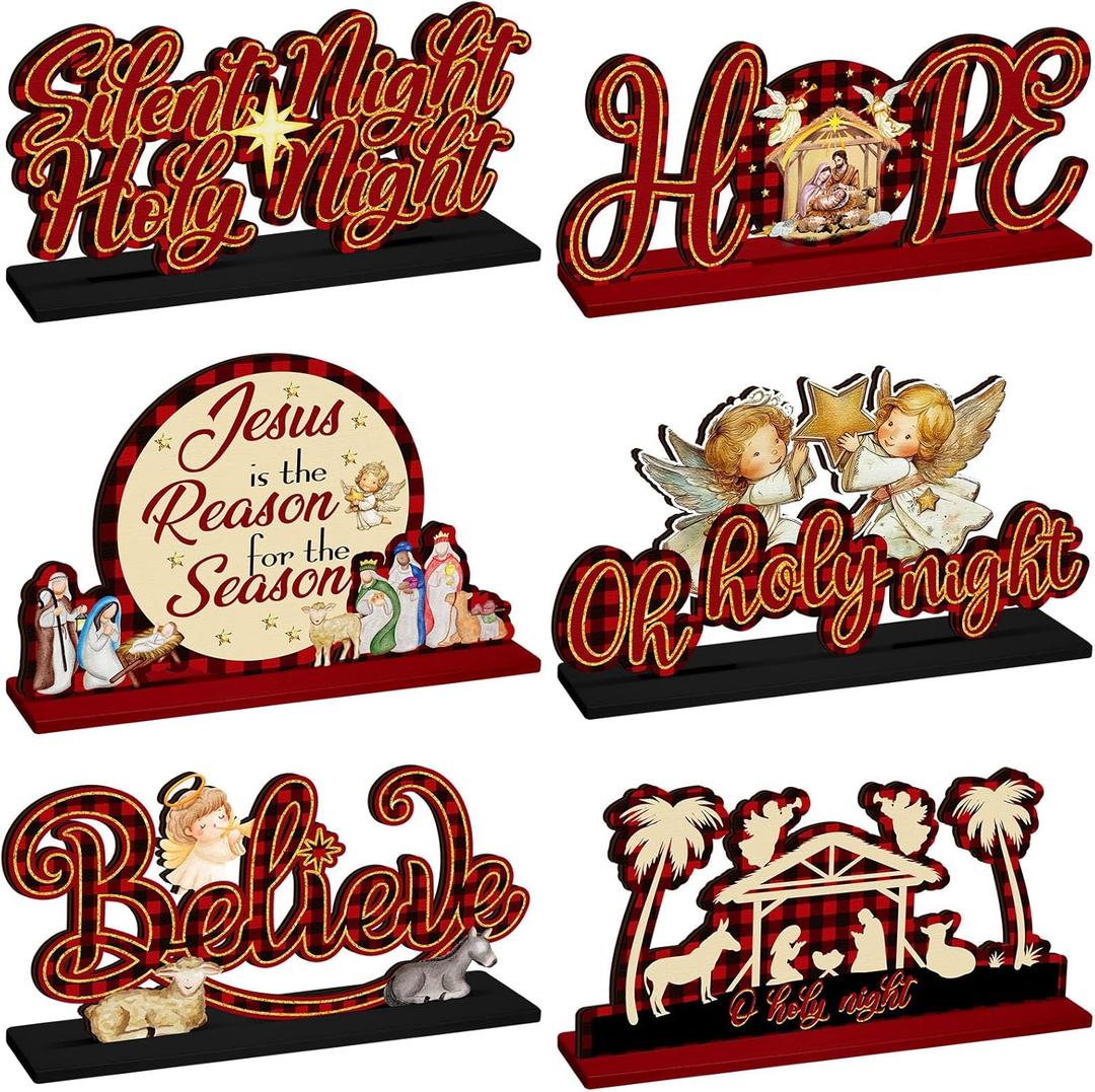 Shellwei 6 Pcs Christmas Table Decoration Nativity Scene Jesus Christian Centerpiece Wooden Xmas Religious Party Decor Believe Joy Noel Jesus Table Topper Winter Holiday Sign for Indoor New Year Craft