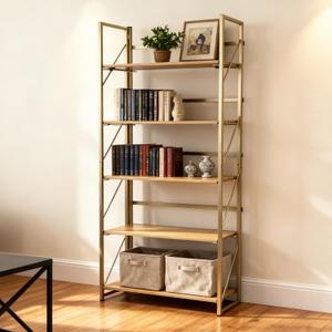 Folding No-Assembly Bookshelf, 2-in-1 Convertible Design, Multifunctional Plant Stand Storage Rack Shelves for Home Office, Easy Assembly, 5-Tier,Gold & Nature Wood