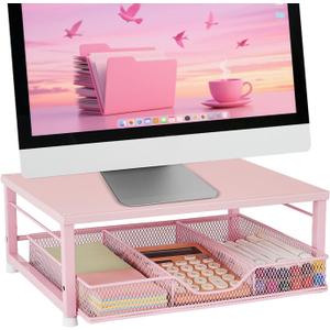 Small Pink Laptop Stand for Desk, Monitor Stand, Office Desk Accessories, Computer Desktop Stand with Drawer for Home, Office, School (Pink)