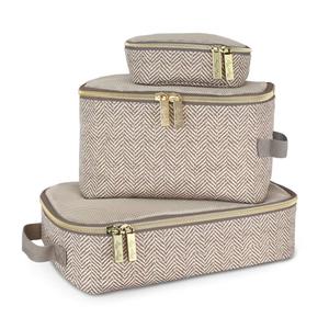 Itzy Ritzy Packing Cubes for Travel Set of 3 Packing Cubes or Travel Organizers Each Cube Features a Mesh Top, Double Zippers and a Fabric Handle (Taupe)