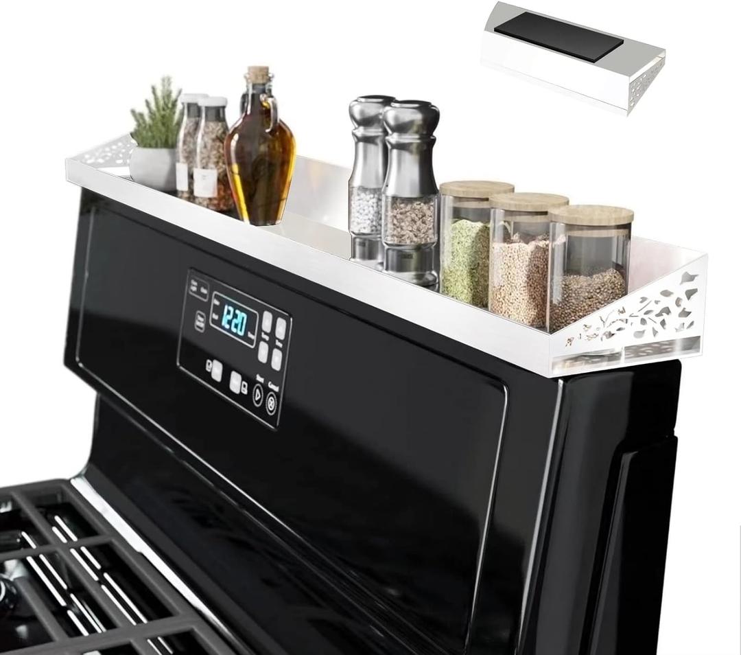 30" Magnetic Stove Top Shelf  Magnetic White Spice Rack and Seasoning Organizer  Kitchen Shelf for Back of Stove  Over Stove Storage Organizer