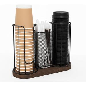 3-Compartment Coffee Cup & Lid Holder  Countertop Coffee Station Organizer with Wooden Base  Durable Dispenser for Disposable Cups, Lids & Straws  Fits Coffee Cups Up to 16oz