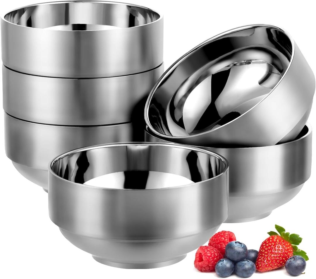 6 Pack 12 Oz Stainless Steel Bowls for Kids, Insulated Soup Bowl, 18/8 Small Metal Serving Eating Bowls for Cereal, Rice, Ice Cream, Snack, Hot and Cold Food, Salad