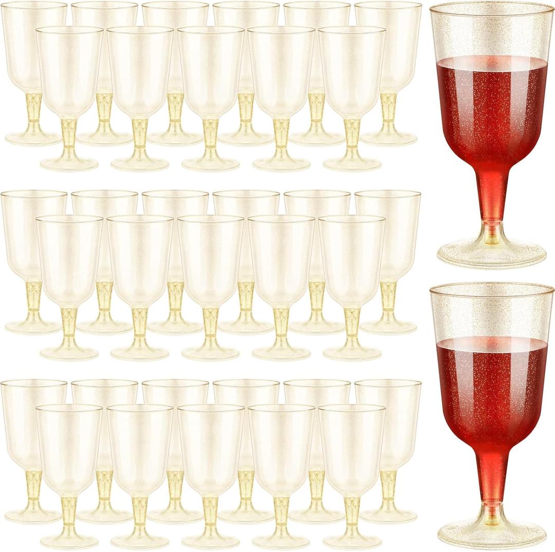 Meanplan 100 Pcs Plastic Wine Glasses with Stem 6oz Plastic Wine Cups for Parties Disposable Stackable, Wedding Picnics(Glitter Style,Gold)