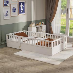 Twin Floor Bed with Door and Fence,Metal Montessori Bed,Solid Wood Playhouse Bedframe for Kids,Girls,Boys, No Box Spring Needed,Easy to Assembly White