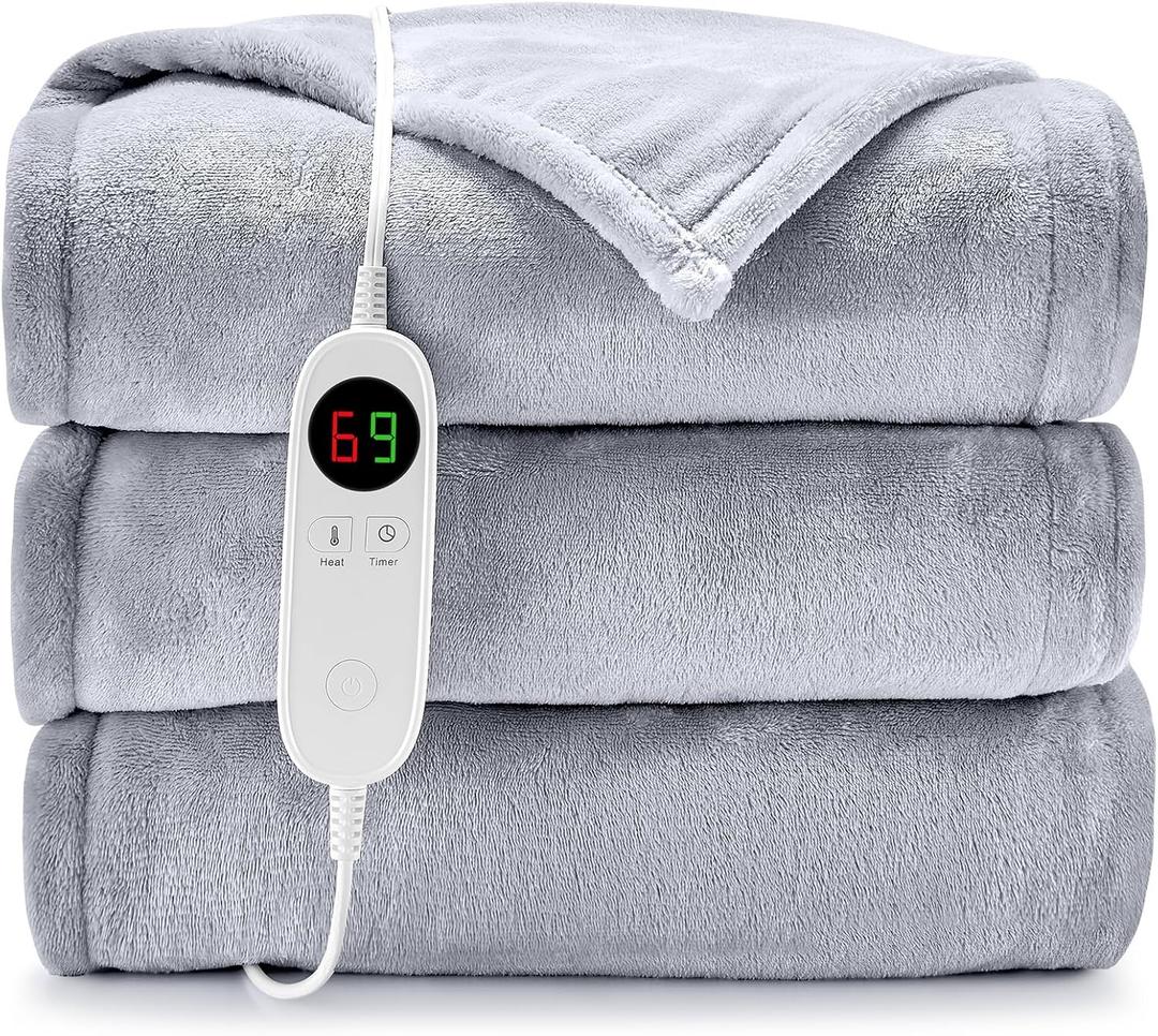 HYLEORY Heated Electric Blanket Throw 50" x 60" Soft Warm Flannel with 6 Heating Levels & 9 Hours Timer Auto Shutt Off, Heating Blanket for Full Body - Light Grey