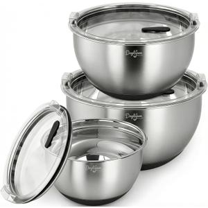 Mixing Bowls with Airtight Lids, Stainless Steel Nesting Bowl Set with Clear Lids & Valve, 3 Essential Sizes (1.5/3/5 QT), Measurement Marks, Non-Slip Silicone Base, Food Prep & Fridge Storage, Black