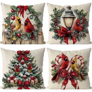 Cardinal Christmas Decorations Vintage Christmas Pillow Covers Xmas Farmhouse Throw Pillow Covers Joy Pilllowcases Home Sofa Living Room Decorative Cushion Case 18x18 Inch Set of 4