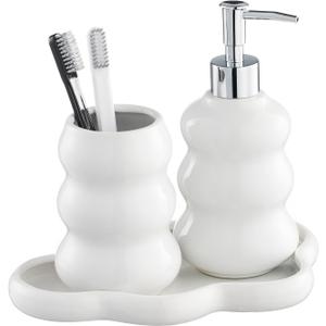 3-Piece White Ceramic Bathroom Accessories Set with Tray, Lotion Dispenser, and Tumbler for a Luxurious Bath Experience