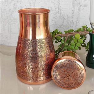 HYGGE Dark Embossed Pure Copper Bedside Carafe with Tumbler, 1L (34 oz) Water Pitcher for Home, Yoga & Ayurveda