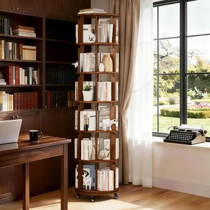 6 Tier Rotating Solid Wood Bookshelf, Spinning Bookshelf Lazy Susan on Wheels, Circular Book Shelf Rotating, Revolving 360 Book Shelf for Small Spaces, Corner Book Shelf for Bedroom (Walnut)