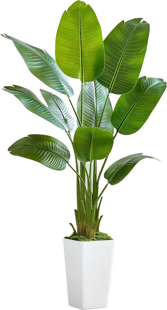 Bird of Paradise Artificial Plant, 5FT Faux Plants Indoor Banana Leaf Tree with 9 Leaves, Large Fake Tropical Potted Indoor Silk Floor Plant with White Tall Planter for House,Office,Room,Home Decor 5ft, White, 1