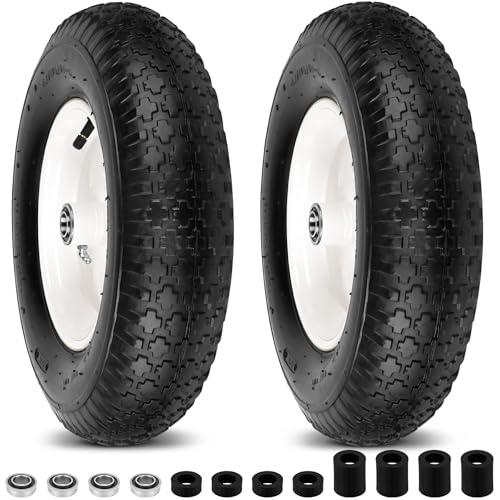 4.80/4.00-8" Wheelbarrow Tubed Tires and Wheels, 16" Universal Fit Pneumatic Tires with 3/4" or 5/8" Bearing, 3"-7" Hub, Adapter Kit Hand Truck Wheels Replacement for Garden Trailer, Wagons, 2 PCS