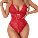 Avidlove Women One Piece Lingerie Sexy Lace Bodysuit Deep V Teddy Criss Cross Sexy Sleepwear (Red)
