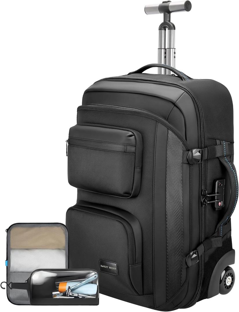 Carry on backpack with wheels, Rolling backpack with Dry-Wet Pocket, TSA Lock, Laptop Compartment, Water-Resistant for Men Women, Work, Air Travel3-Piece Set-Includes Toiletry & Storage Bag (Black-two)