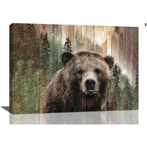 Yibuda Farmhouse Bear Wall Art Rustic Forest Pictures Decor Woodland Wildlife Painting Canvas Print Framed Home Artwork For Living Room Bathroom Bedroom Kitchen Office 24"L x 16"W, Forest Bear
