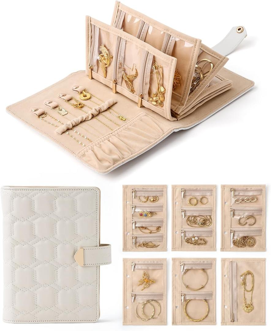 CASEGRACE Travel Jewelry Organizer Case,Portable Jewelry Storage Book Ring Binder with 6 Clear Zipper Velvet Jewelry Pouch for Earrings, Rings, Necklaces Ideal Gift for Women (Beige White)