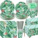 LemonRoad 452 Pcs Hawaiian Luau Party Decoration for 50, Tropical Hawaiian Paper Plates Napkins Cups Tablecloth Cutlery Straws Aloha Palm Leaf Flower Tableware for Summer Beach Birthday Party Supply