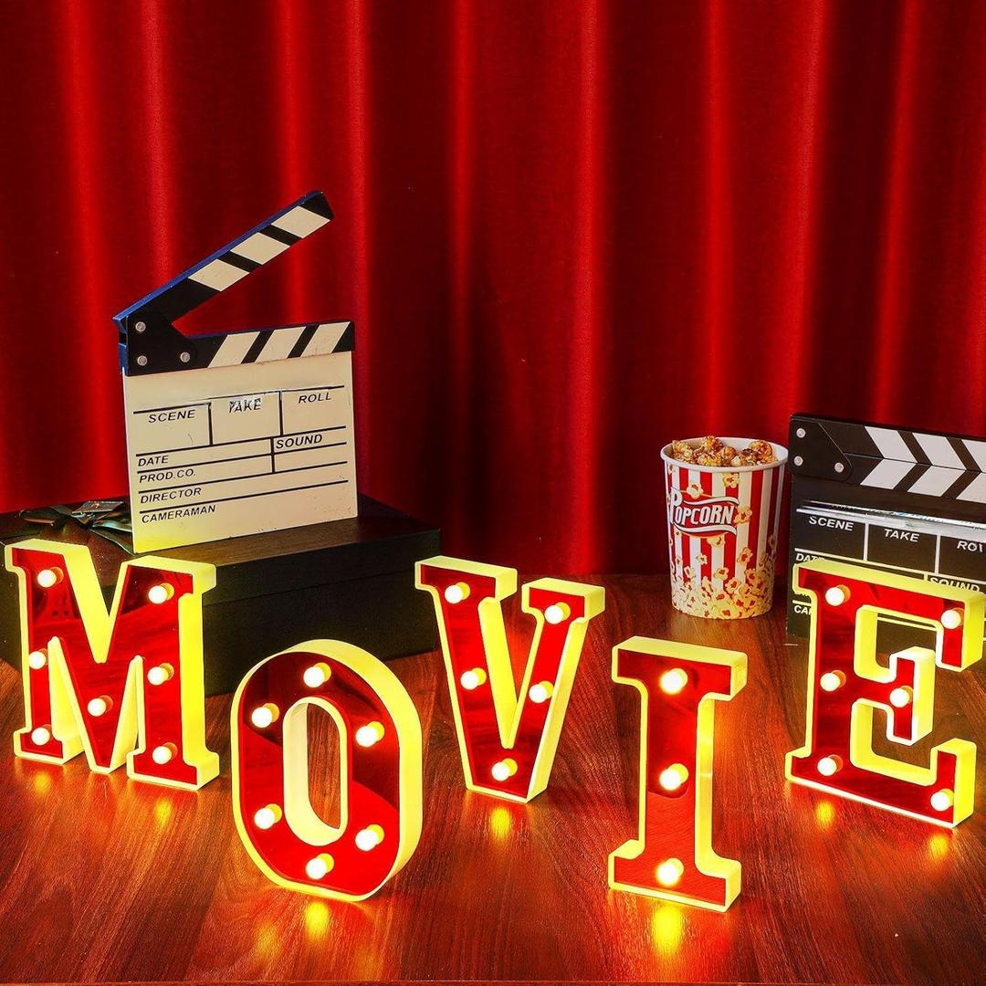 Movie 6.3" Light up Letters Sign Party Decor Battery Powered Marquee Lighted Sign Alphabet LED Letter Lights for Xmas Movie Night Theme Party Birthday Home Tabletop Decor Supplies Xmas Gift