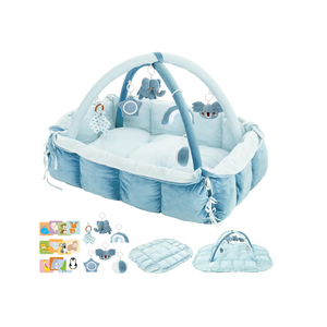5-in-1 Baby Play Gym and Tummy Time Mat, 12 Learning Cards, Plush Activity Mat with 6 Toys, Baby Gym, Convertible to Ball Pit, Baby Gift, Blue