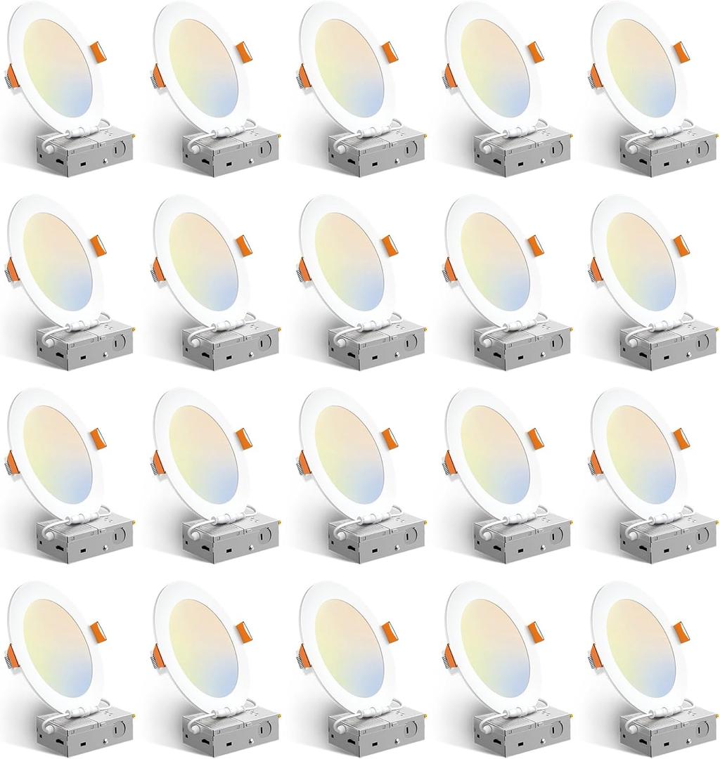 Amico 20 Pack 6 Inch 5CCT Ultra-Thin LED Recessed Ceiling Light with Junction Box, 2700K/3000K/3500K/4000K/5000K Selectable, 12W Eqv 110W, Dimmable Can-Killer Downlight, 1050LM Wafer Lighting - ETL
