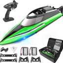BEZGAR RC Boat, 14 inch Remote Control Boat - Self-righting, 40 Min Dual-Battery, 32 KPH Fast RC Boats for Kids & Adults with LED Lights for Pool, Lake, Ocean, Waterproof & Suitcase - Green, 9.06 x 15.75 x 5.12 inches